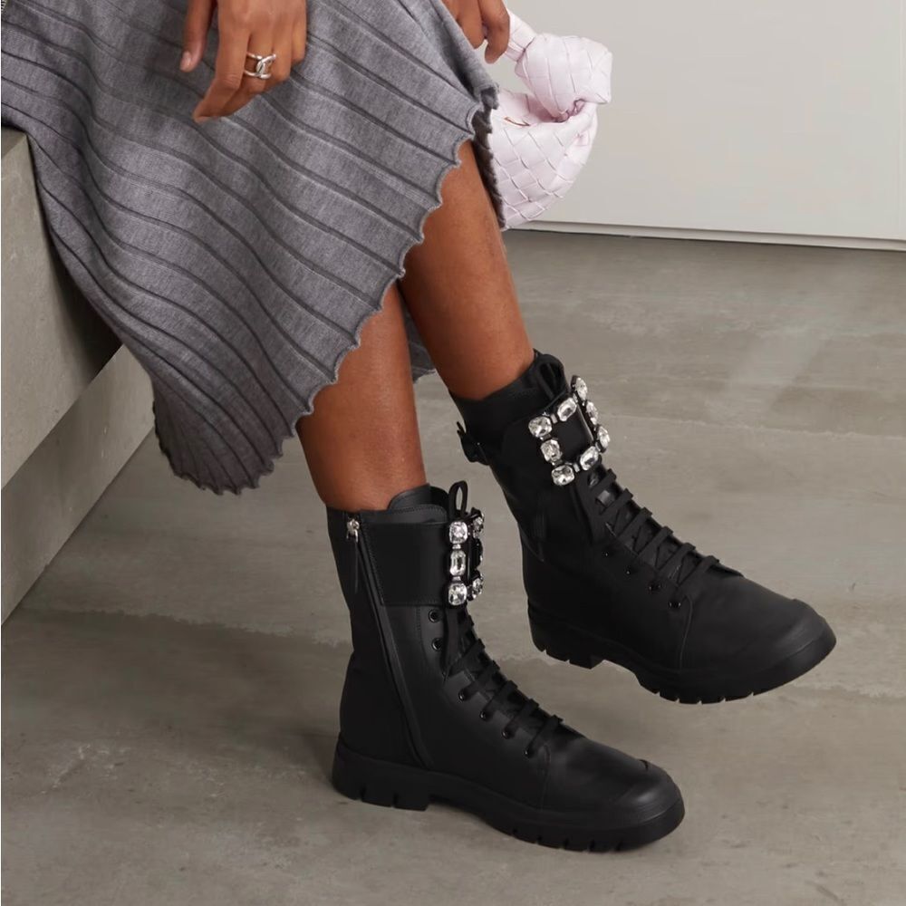 Roger Vivier Walkyviv Calfskin Crystal-Buckle Mid Boots size 41.5